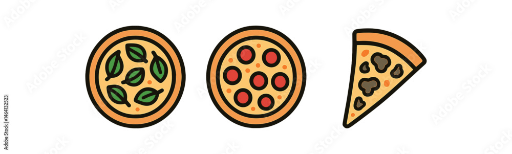 Fototapeta premium Three cartoon pizzas: basil, pepperoni, and mushroom slice icons on gradient background