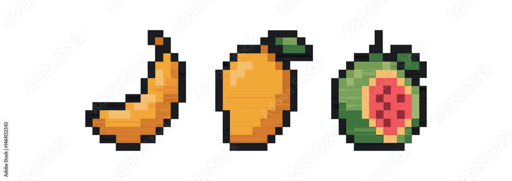 Fototapeta premium Pixel art banana mango watermelon icons on gradient background