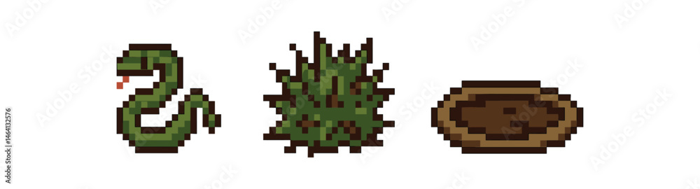 Fototapeta premium Pixel art of snake, bush, and mud puddle in a simplistic design