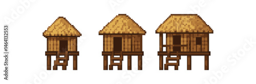 Tropical stilt huts in pixel art style on a brown background