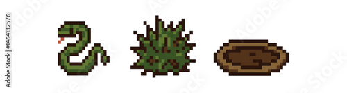 Pixel art of snake, bush, and mud puddle in a simplistic design