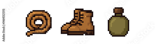 Pixel art adventure gear: rope, boot, canteen icons on olive background
