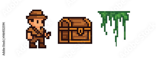 Pixel art explorer journey with treasure and vines