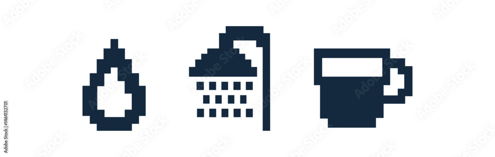 Minimalist pixel art icons of water drop, showerhead, and coffee mug on gray background