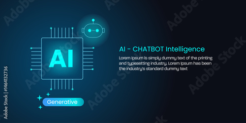 Intelligent chatbot with generative capabilities, AI chip in neon glow futuristic display, technology background.