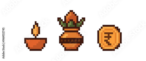 Pixel art icons of bell, shell, and wreath on brown background