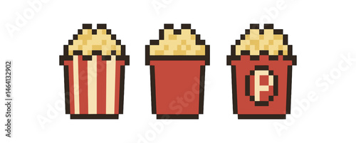 Retro pixel art popcorn buckets with stripes and logo design