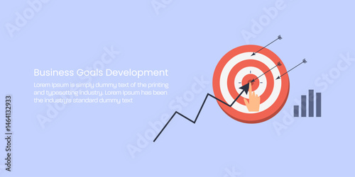 Arrow hitting the mark and lifting growth, measurable progress towards business objective and achieving goals.