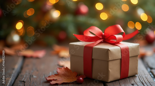 Festive autumn gift surrounded by fall foliage.