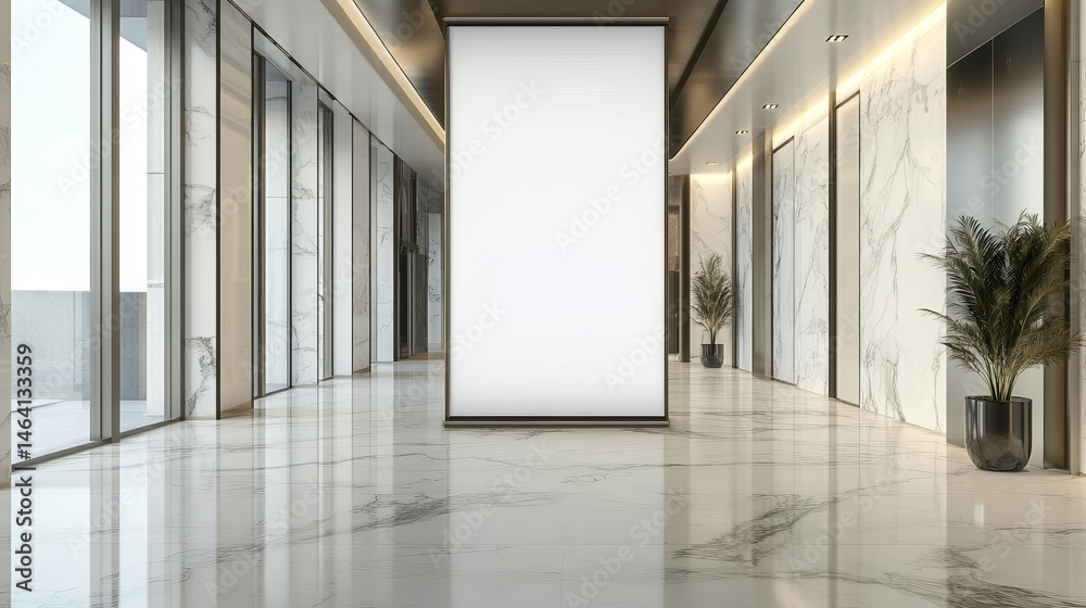 Fototapeta premium Modern Marble Hallway Interior Design with Large Blank Panel and Glass Windows