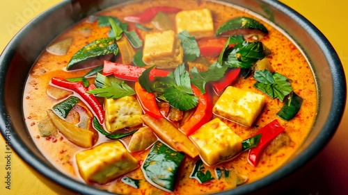 Spicy vegetable curry with tofu and fresh herbs in black bowl on yellow red background.