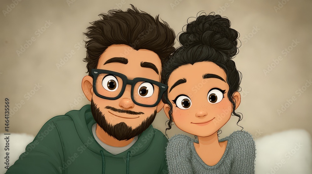 Fototapeta premium Cheerful young couple capturing a joyful selfie together in a cozy setting with warm colors and casual attire creating a fun and intimate atmosphere expressing happiness and connection