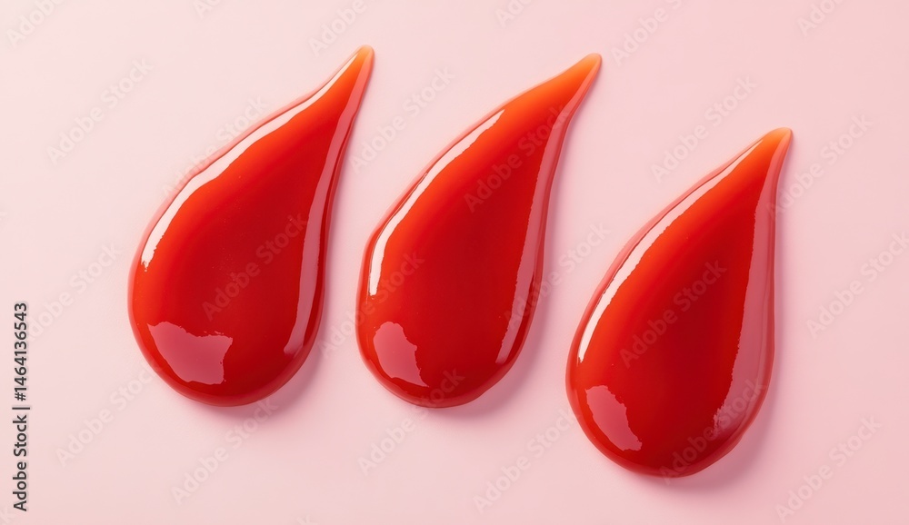 Obraz premium Vibrant Red Sauce Drops on Soft Pink Background for Culinary Use