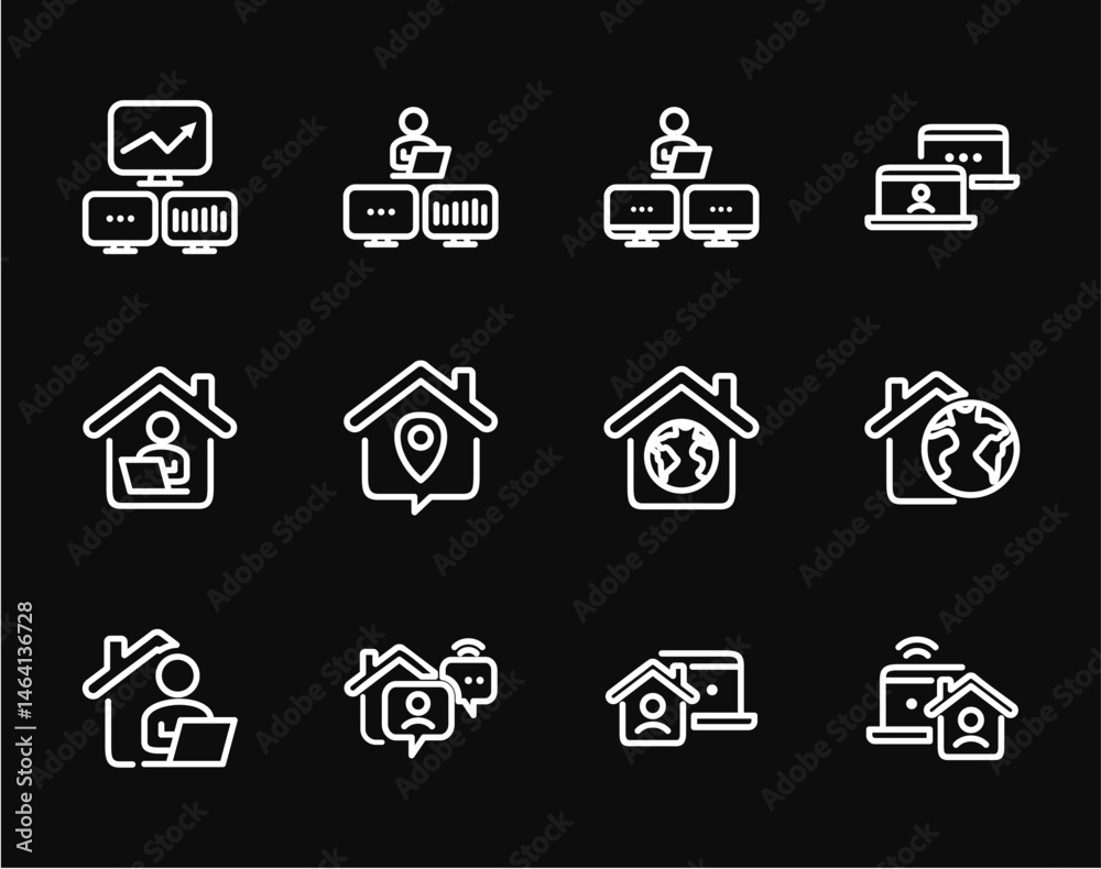Remote Work Line Icons . Freelancer Work from Home, Video Call, Online Meeting, Teleconference Vector Set Remote Work Line Icons . Freelancer Work from Home, Video Call, Online Meeting, Teleconference Vector Set