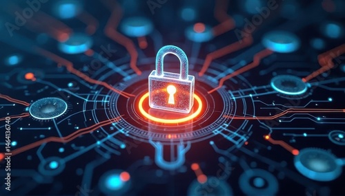 Cybersecurity Hub With Central Padlock