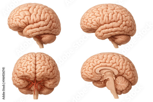 Four views of a human brain, showcasing different angles and structures, including the cerebral hemispheres and brainstem. Concept Human Brain Anatomy, Cerebral Hemispheres, Brainstem Structure