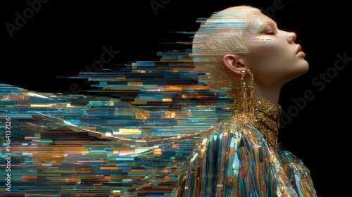 Futuristic fashion model dissolving in neon light with holographic textures and digital noise