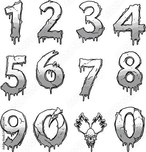 Grungy Melted and Cracked Numerals with Skull Element