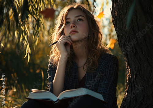 A girl sitting under a willow tree journaling in light for a serene and reflective outdoor storytelling moment