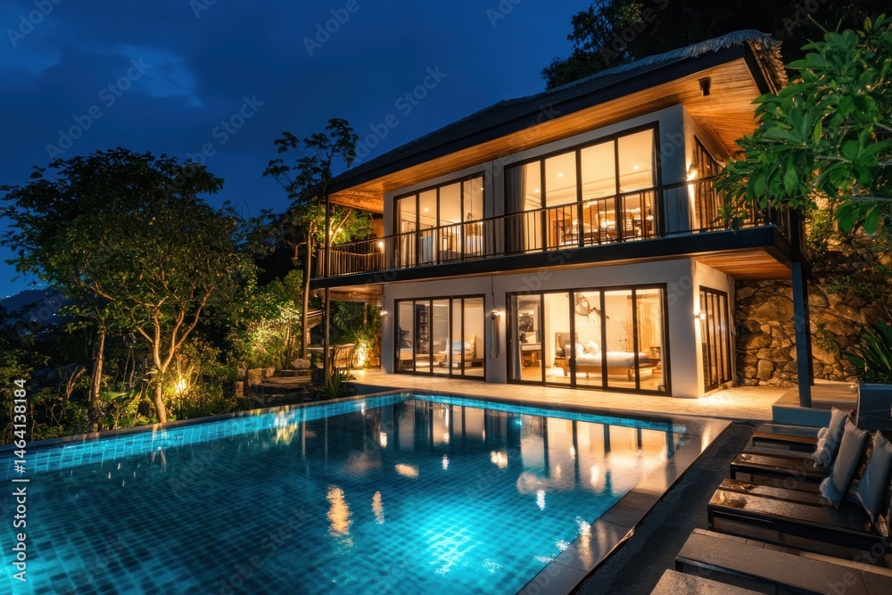 Fototapeta premium Elegant modern villa surrounded by nature, deep blue night, pool light shimmering