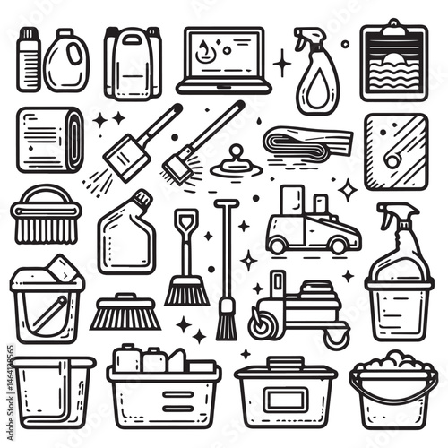 set of vector clip art elements of cleaning supplies and equipment
