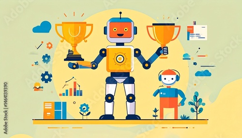 Successful Robot Achieves Goals Holding Two Golden Trophies with a Small Robot Assistant