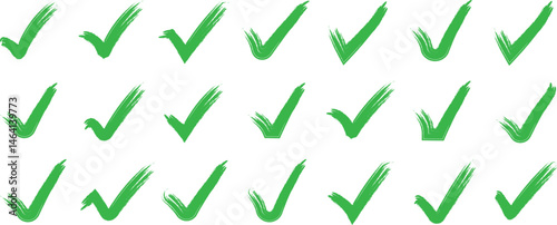 Check mark icons set. Green brush stroke check mark, tick symbols, checklist signs. Grunge brush stroke signs. Grunge checkmark design. Dirty grunge stroke checkmark sign vector illustration