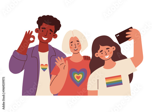 Diverse LGBT Friends with Rainbow Symbols together Taking Selfie. Joyful LGBTQ support, celebrating love, identity and equality. Vector Illustration for Pride Month, unity and equal love
