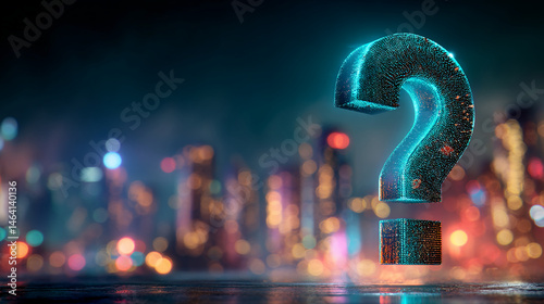 Glowing cyan question mark, particle effect, city lights background, showcasing concept of inquiry, uncertainty, or problem-solving