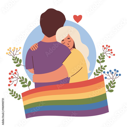 LGBTQ People enamored hugging. Pride Rainbow Flag. Supporting diversity and self-expression. LGBT community. Lesbian couple for Pride Month, unity and love. Vector Illustration