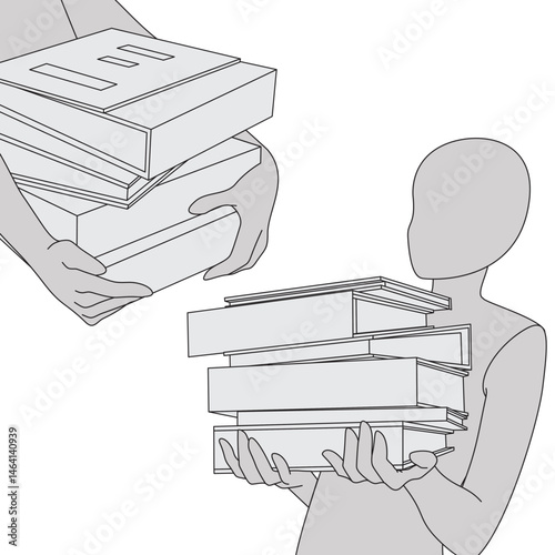 Vector illustration of person carrying stacked books or boxes with helping hands. Concept for teamwork, heavy load, assistance, logistics, or delivery services