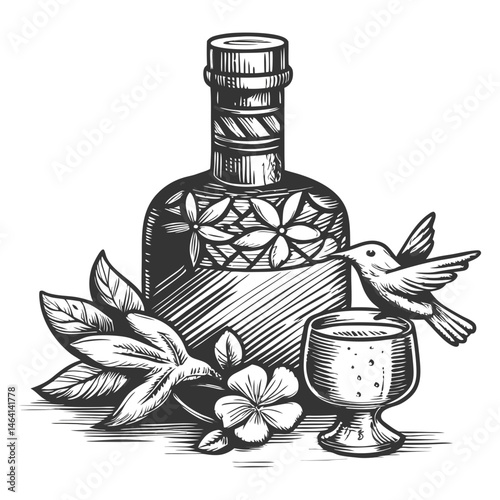 decorated liquor bottle surrounded by botanical elements, a glass