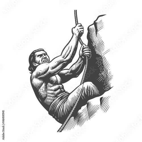 muscular man alpinist rock climbing on a steep cliff