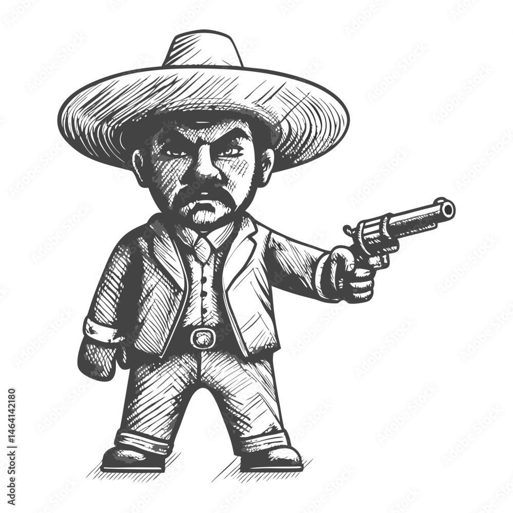 Obraz premium Mexican gangster serious mustached man in a suit and wide-brimmed hat holding a revolver, with visible tattoos sketch engraving generative ai raster illustration. Scratch board. Black and white image