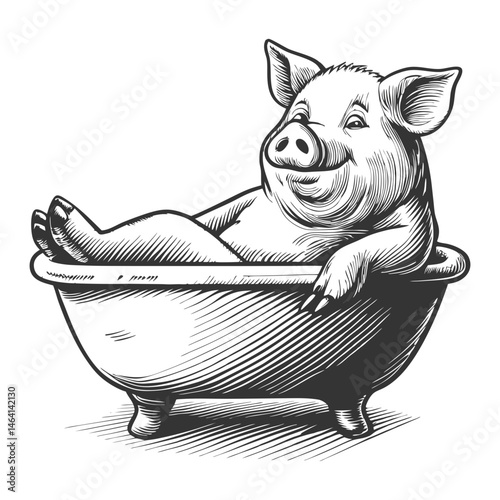 cheerful pig relaxing in a bathtub, blending humor and rustic charm in a detailed classic etching sketch