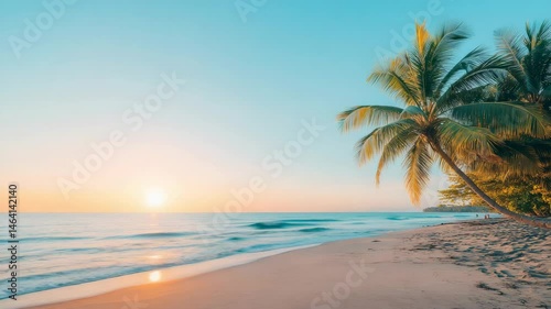 Wallpaper Mural Tranquil tropical beach scene with palm trees swaying in the gentle breeze as the setting sun casts a warm golden glow over the shore and ocean waves Torontodigital.ca
