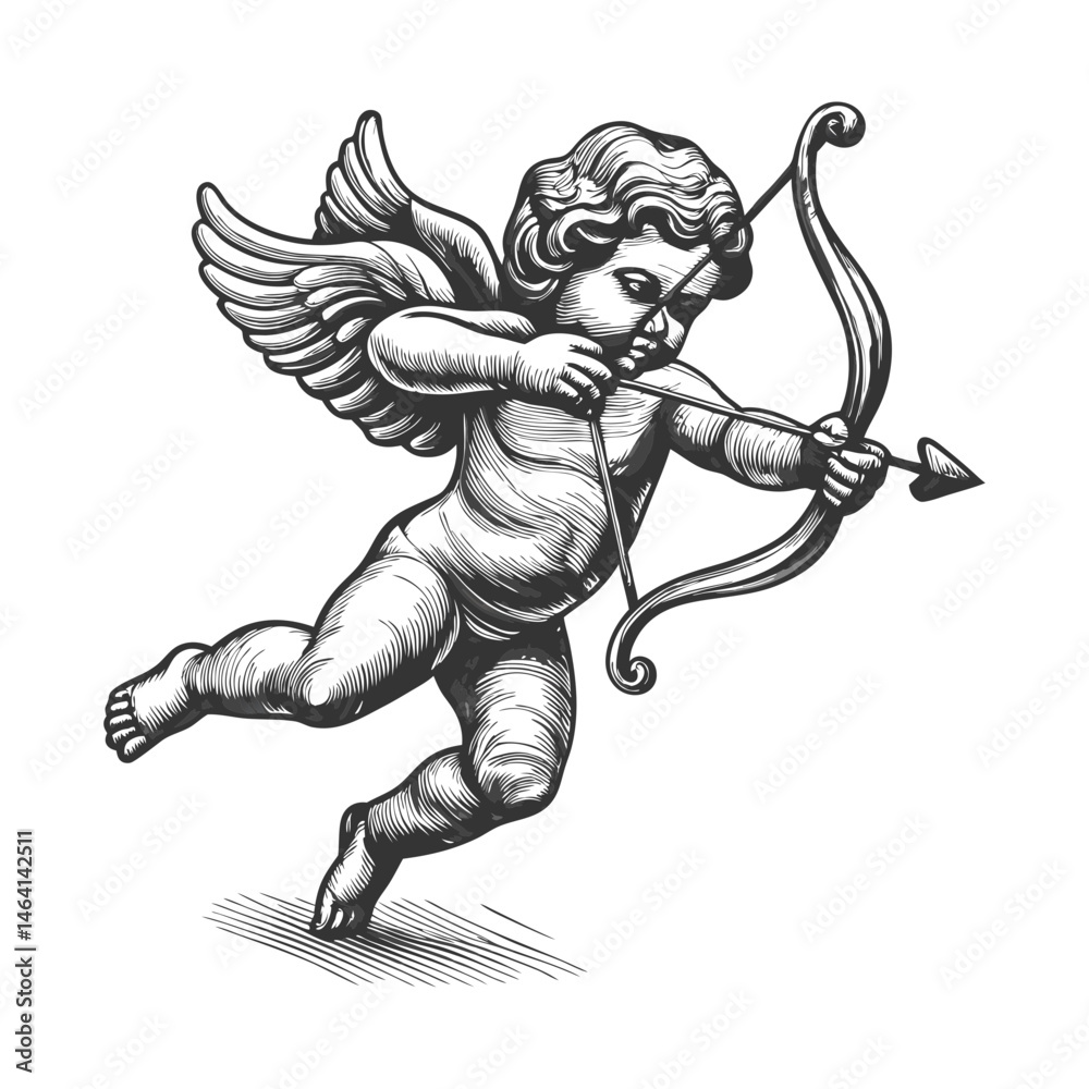 Fototapeta premium Cupid, cherubic figure with wings, aiming a bow and arrow, love and romance sketch engraving