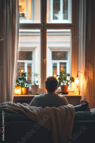 The living room is quiet with the curtains drawn and lights low. A man is resting on the sofa, looking out the window with a sigh of relief