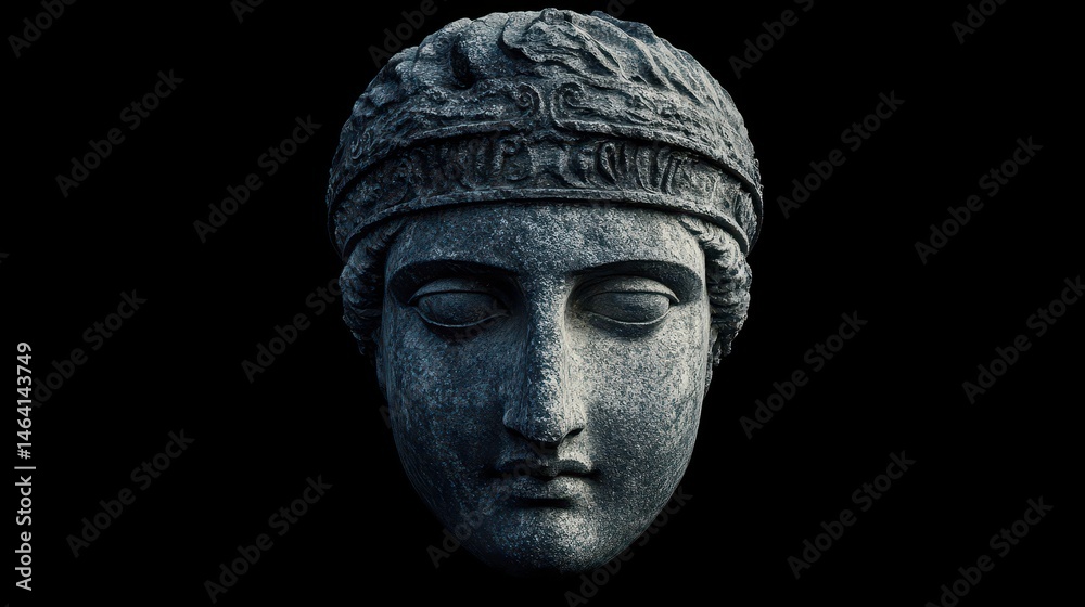 Greek Helmet. Ancient Statue of a Stone Face Sculpture on Black Background Greek Helmet. Ancient Statue of a Stone Face Sculpture on Black Background