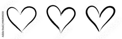 Set of three hand drawn black ink heart outlines on transparent background, minimalist sketch love symbols, romantic doodle clipart for Valentine’s Day, wedding decor, crafts, and digital art