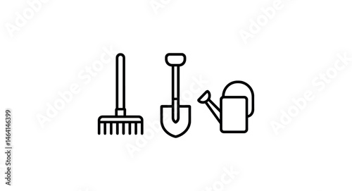 Garden tool icons: rake, shovel, watering can on white background
