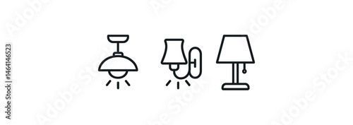 Minimalist black outline icons of ceiling, wall, and table lamps
