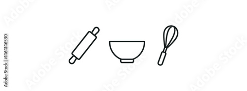 Simple line icons of baking tools: rolling pin, bowl, whisk