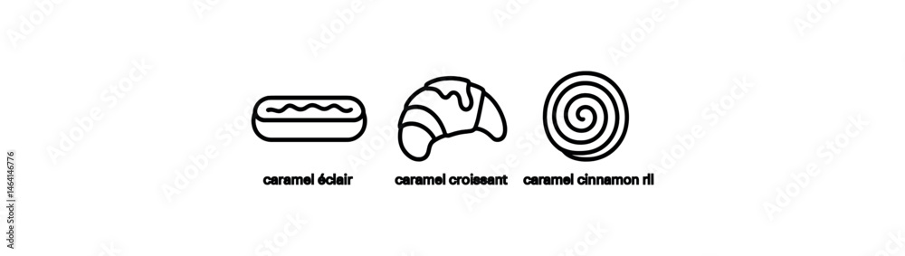 Outline icons of caramel éclair, croissant, and cinnamon roll Outline icons of caramel éclair, croissant, and cinnamon roll