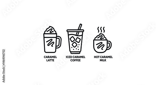 Caramel beverage trio: latte, iced coffee, hot milk icons