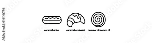 Outline icons of caramel éclair, croissant, and cinnamon roll