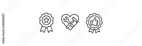 Award ribbons and tools inside heart icon with thumbs up symbol in black outline design