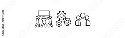 Black line icons of group collaboration, teamwork, gears, and people figures
