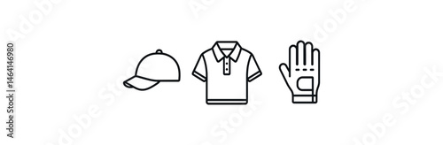 Minimalist icons of cap, polo shirt, and glove on white background