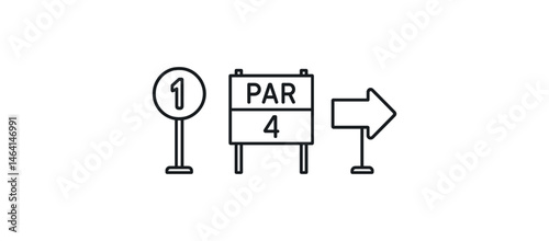 Minimalist golf course signs: hole, par, direction indicator